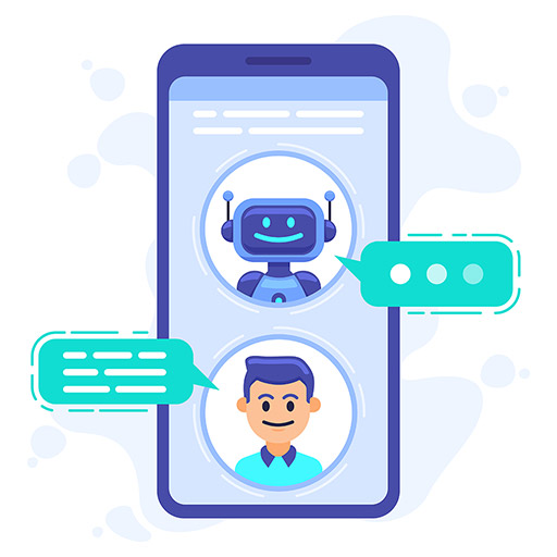 Illustration of a chatbot interacting with a user through a smartphone interface.