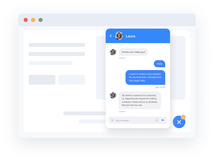 A graphic illustration of an online customer support chat interface with a conversation between a user and a support agent named laura.