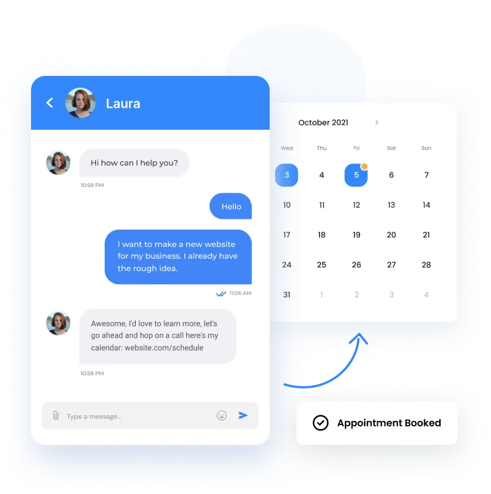 A graphic showing a messaging app conversation on the left and a calendar with a highlighted appointment date on the right, symbolizing a scheduled meeting.