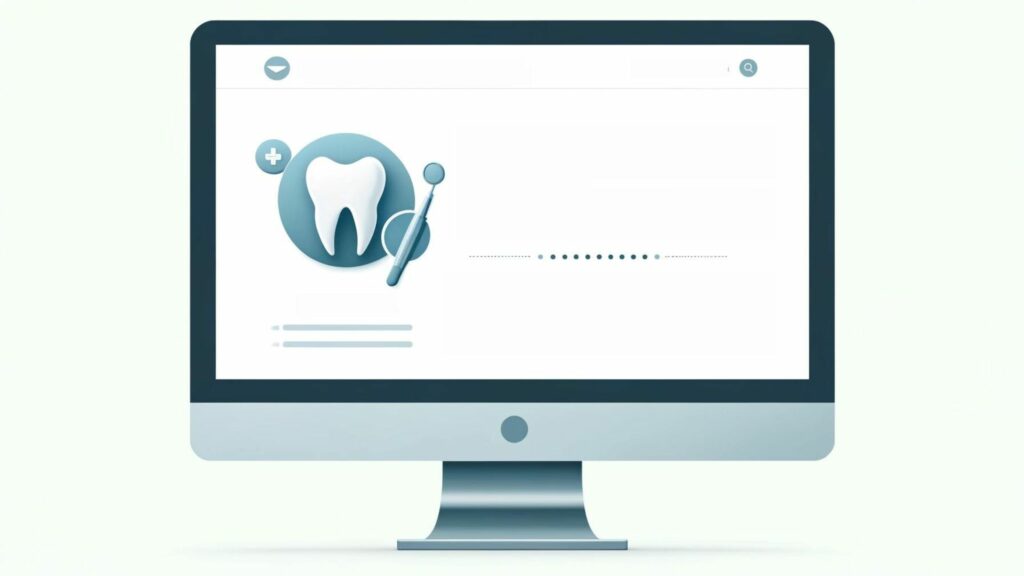 Illustration of a computer monitor displaying a dental website interface designed to reactivate dental patients, with icons of a tooth, dental tools, and navigation elements.