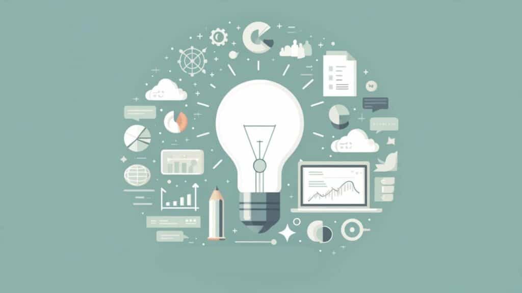 Illustration of a light bulb surrounded by various business and creativity icons, including charts, a pencil, and clouds, set against a green background with elements of dental demographic targeting.