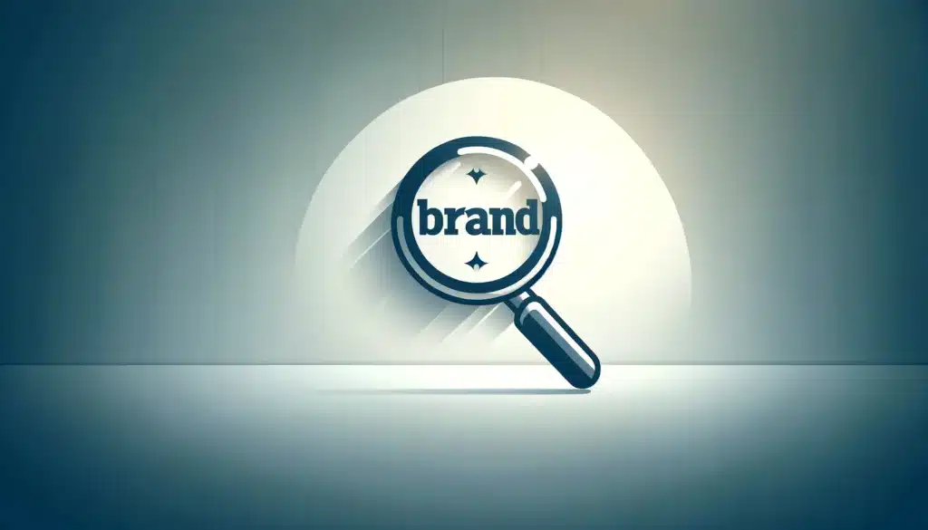 A magnifying glass focusing on the phrase "brand reputation" highlighted inside it, set against a softly lit blue background.