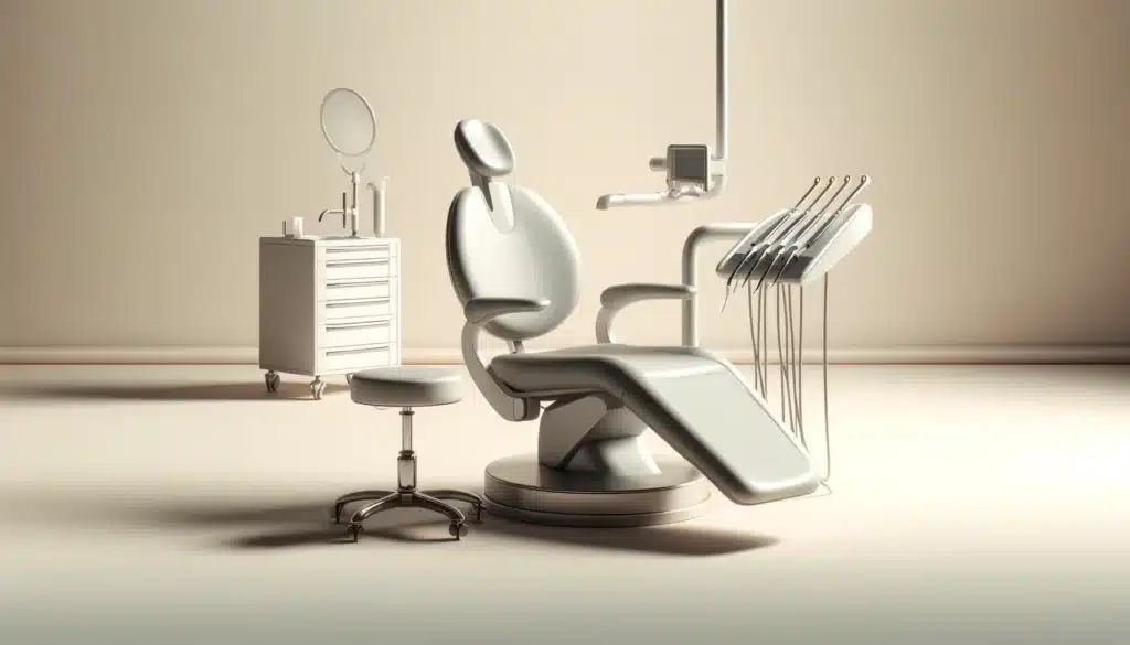 3D rendering of a modern dental clinic setup renowned for its brand reputation, featuring an examination chair, mobile tray of dental tools, and a small cabinet in a beige room.