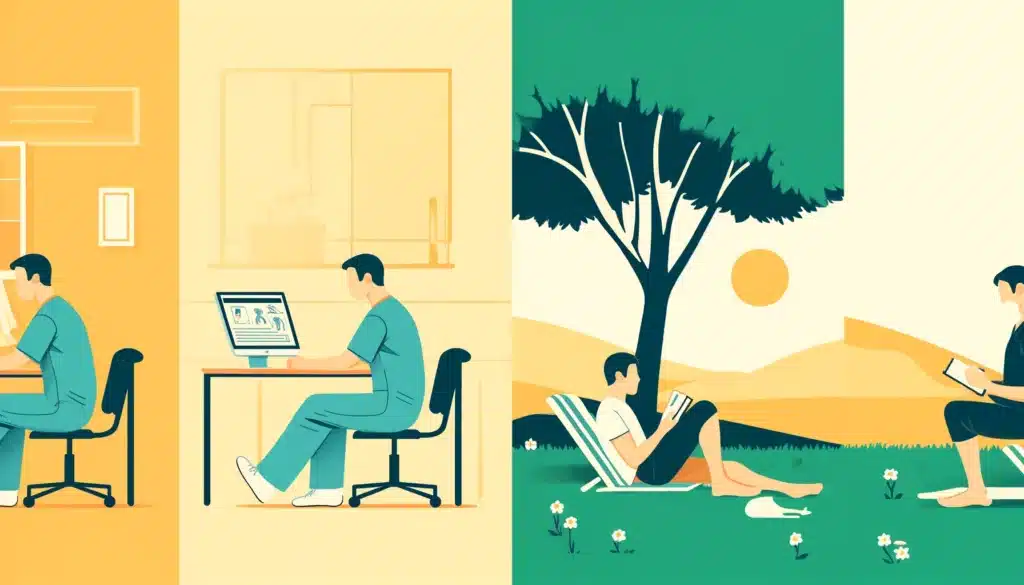 Split illustration demonstrating brand reputation through two scenes: on the left, a man working on a laptop indoors; on the right, a woman reading a book outdoors under a tree.