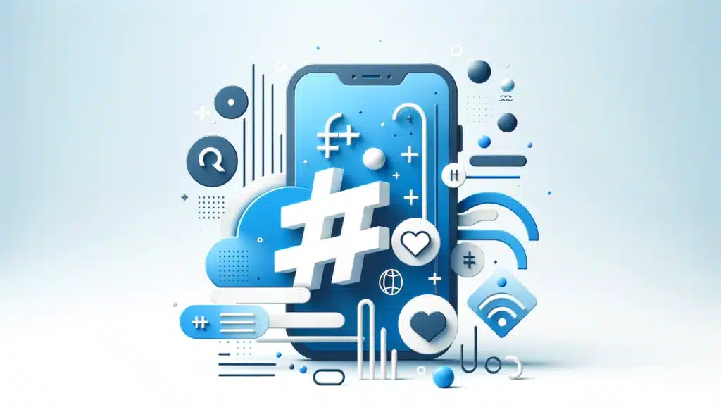 3D illustration of a smartphone surrounded by social media and technology icons and symbols, such as hashtags, clouds, and hearts, designed to enhance a dental practice's online reach, in a blue and white