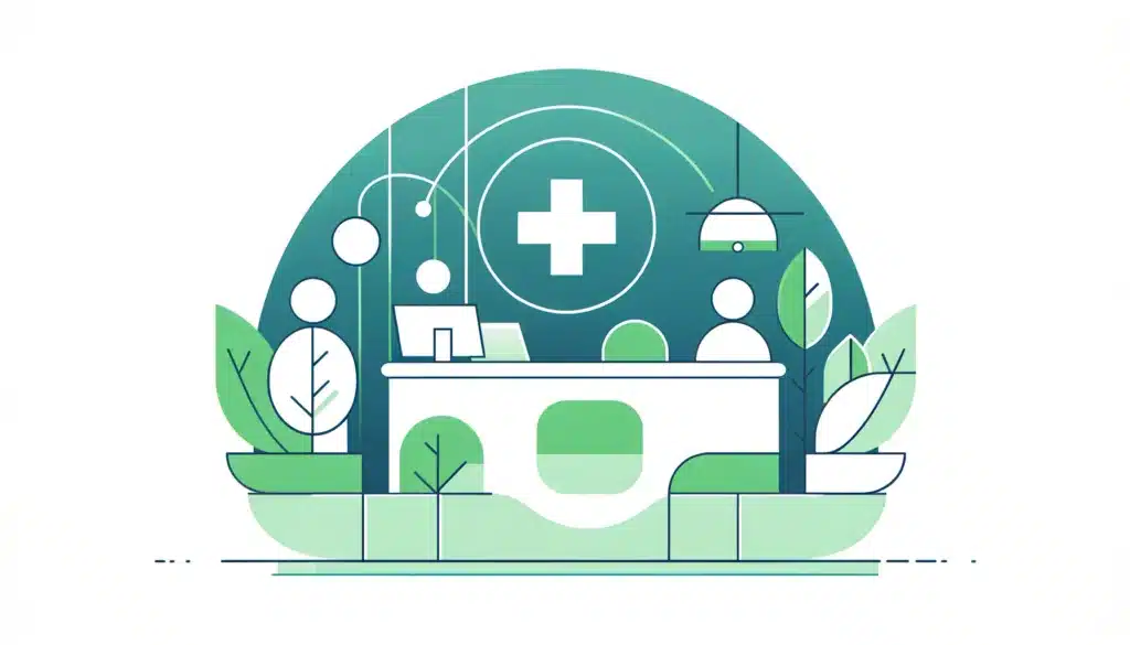 Illustration of a modern dental practice with doctors, reception desk, and medical icons, styled in green and white colors.