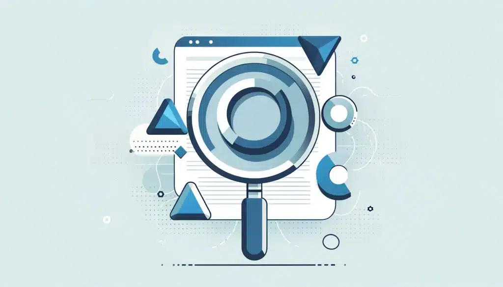 A digital illustration featuring a magnifying glass focusing on a dental practice webpage, surrounded by abstract geometric shapes and floating bubbles on a light blue background.