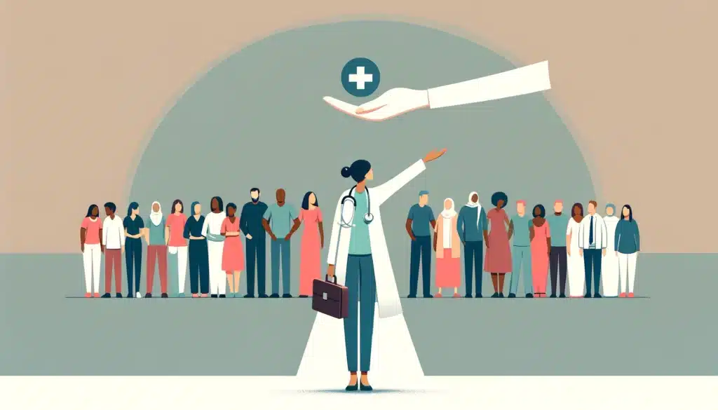 Illustration of a healthcare professional facing a diverse group of people, with an oversized hand offering a '+' sign above, symbolizing support or healthcare assistance in dental practice.