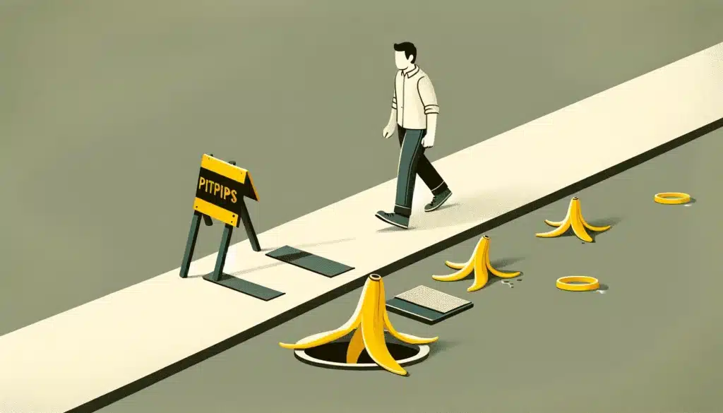 A man walks past a "dental practice pitfalls" sign on a path marked by banana peels and open manholes, symbolizing potential hazards or challenges in expanding online reach.