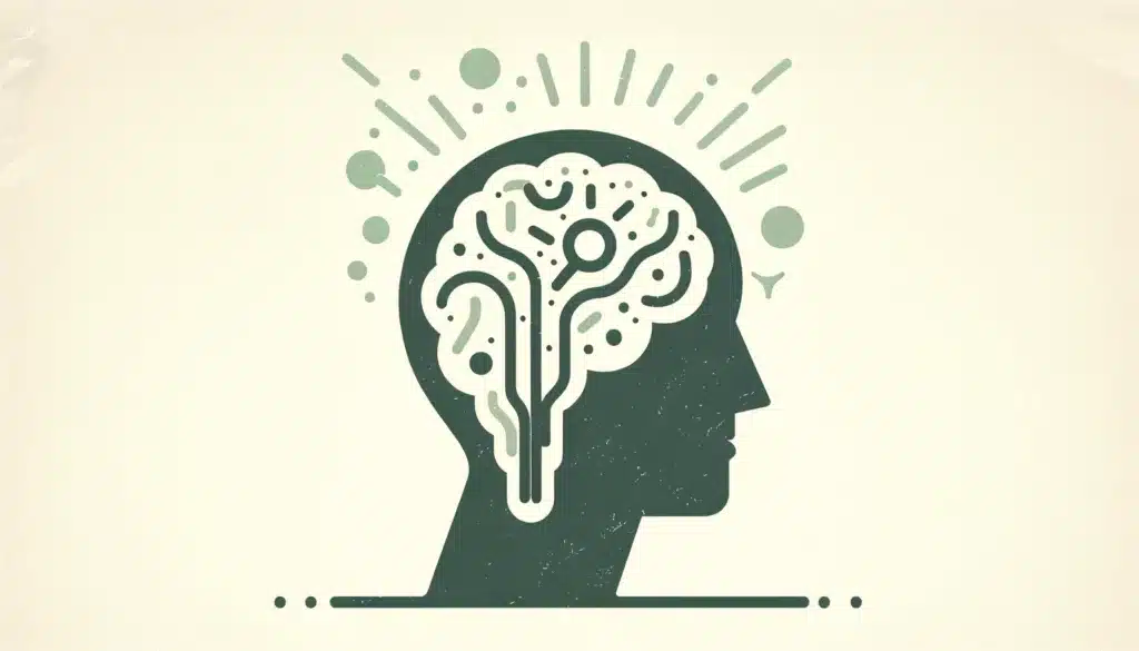 Illustration of a human head silhouette with a stylized brain lit with radiating lines and dots, representing creativity or mental activity in dental retargeting strategies.