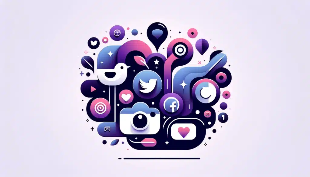 Abstract digital artwork featuring stylized icons of popular social media platforms like Twitter, Facebook, and Instagram integrated with dental retargeting strategies in a vibrant color palette.