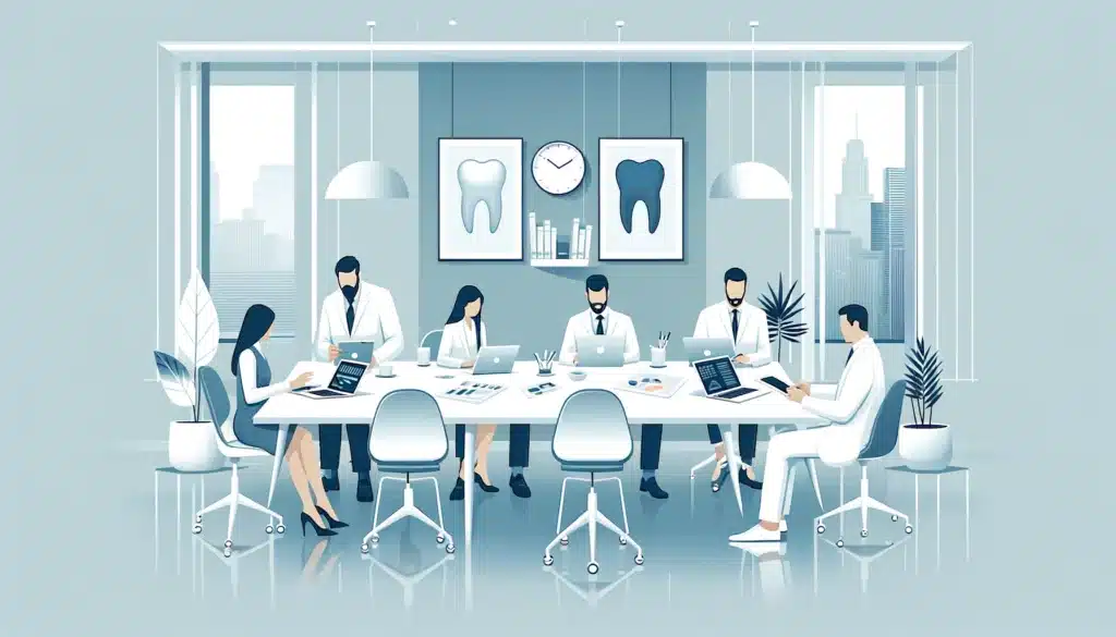 Illustration of a modern dental office meeting, featuring six dental professionals discussing dental retargeting strategies around a table with dental-themed decor and cityscape view.