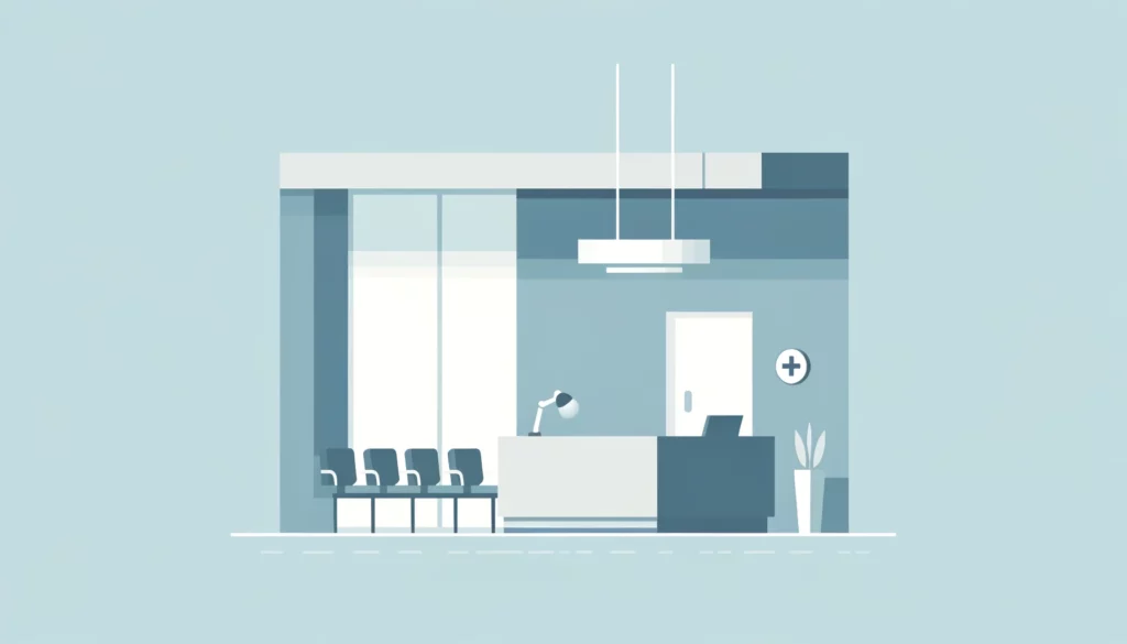 Illustration of a minimalistic dental office with a reception desk, seating area, a lamp, and a plant, in a soothing blue color scheme.