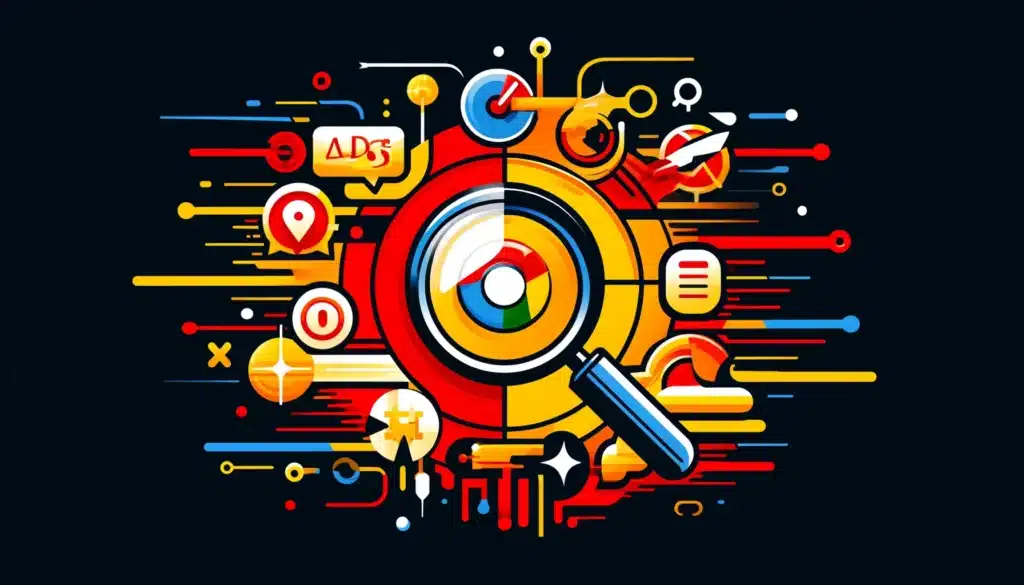 Colorful graphic of a magnifying glass centered over a target, surrounded by dental demographic targeting icons and abstract elements on a dark background.