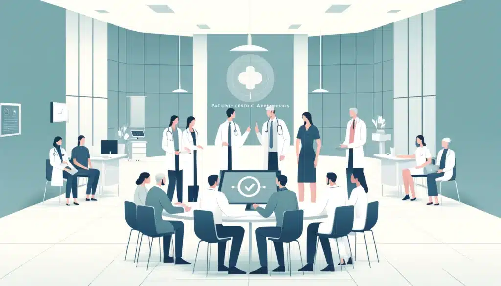 Illustration of a hospital meeting room with medical staff engaging in a discussion around a table, featuring doctors, nurses, and a dental demographic targeting sign.
