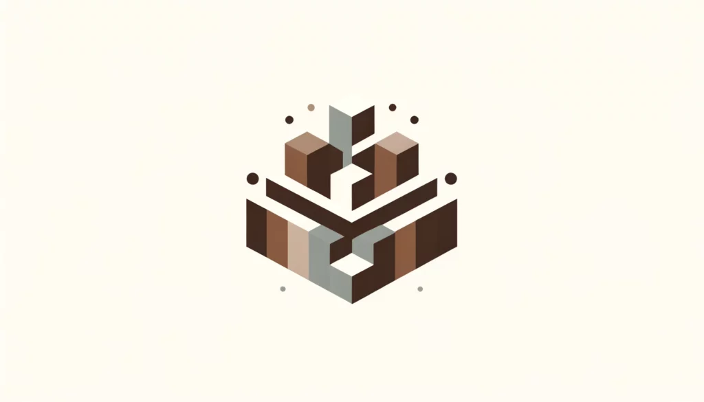 An isometric logo featuring interlocked cubic and rectangular brown shapes, resembling a stylized building or dental promotions structure, on a beige background.