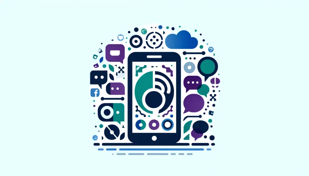 Graphic illustration of a smartphone surrounded by various social media and communication icons, emphasizing digital connectivity in dental promotions.