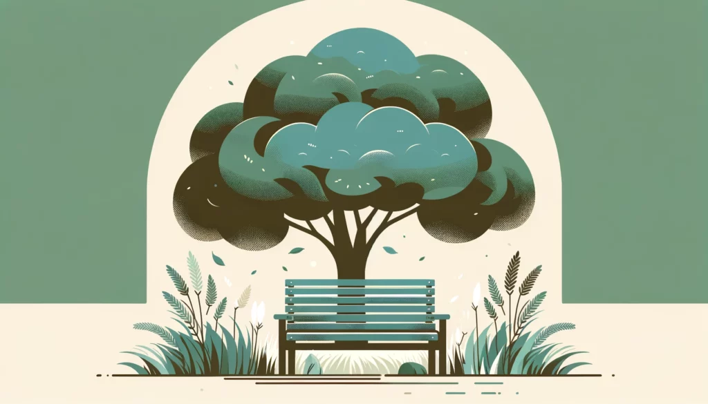 A stylized illustration of a park scene with a large green tree, a blue bench underneath, and tall grasses on a pale background with a beige arch advertising dental promotions.