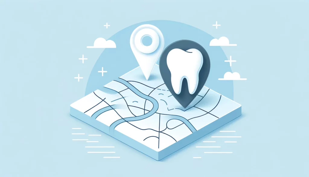 Illustration of a map with a tooth icon and location pins, symbolizing a dental practice SEO location.