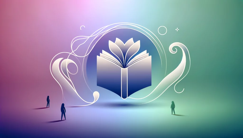 Abstract image featuring a large glowing book with floral elements on a gradient background, illustrating the concept of dental practice SEO, with silhouettes of three people observing it.