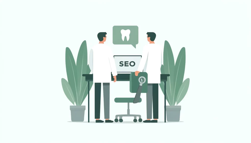 Two men, depicted in a stylized cartoon format, stand in an office setting discussing dental practice seo strategies, with icons related to digital marketing floating between them.