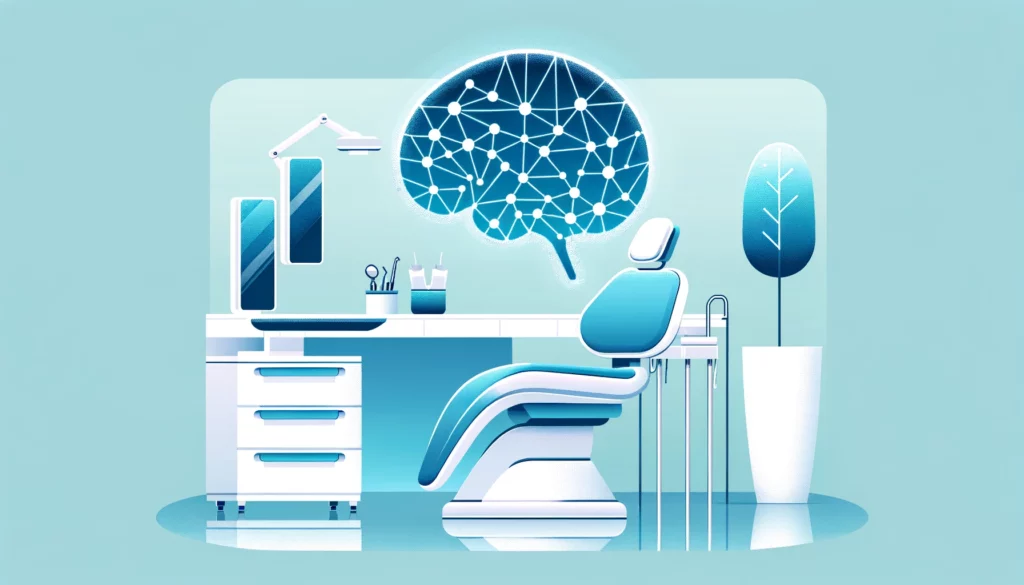 Illustration of a modern dental office with a dental chair, desk, computer, and a tree-shaped network of neurons symbolizing thought or pain above the chair, enhanced by AI technology.