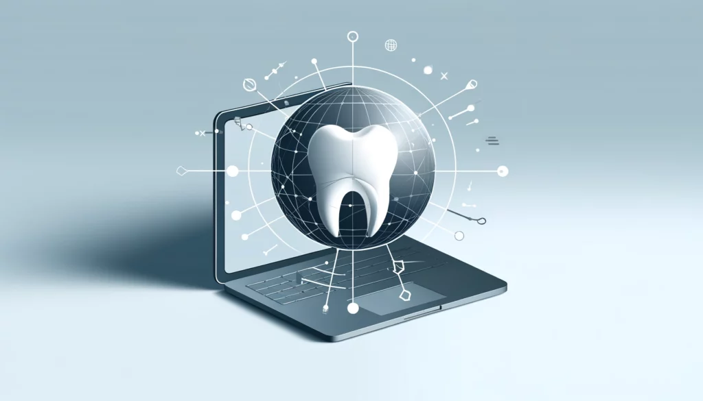 3D illustration of a tooth symbol inside a protective shield, displayed on an open laptop with connecting data points, symbolizing digital dental AI technology.