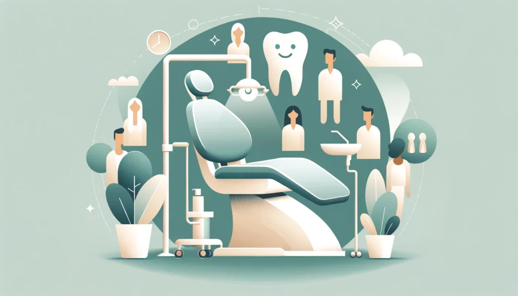 Illustration of a dental clinic scene with an empty chair, dental tools, various dental icons, and stylized people, all in a tranquil green and beige color scheme, enhanced with AI-driven dental ads