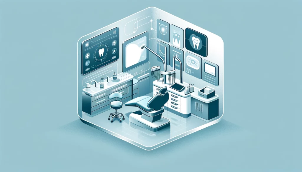 Illustration of a modern dental office with a dental AI chair, equipment, and various digital displays in a monochromatic blue color scheme.