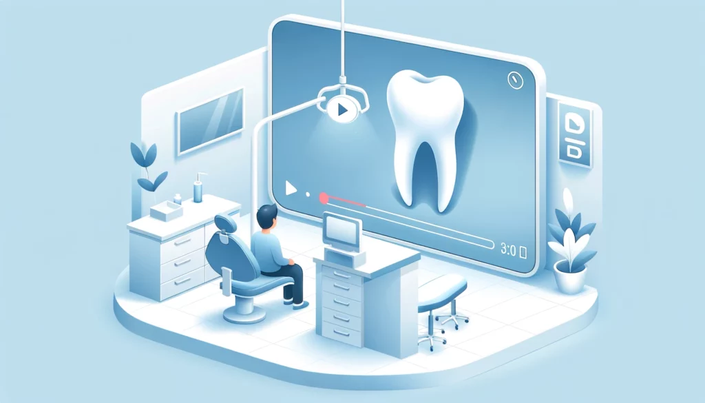 A digital illustration of a dentist in a clinic, looking at a large 3D display of a tooth powered by dental AI, surrounded by medical equipment and plants in a soothing blue tone.