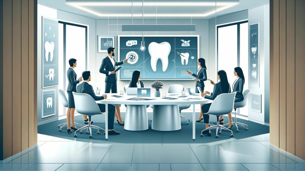 A group of professionals in a modern dental office meeting room, discussing dental retargeting strategies and diagrams displayed on digital screens.