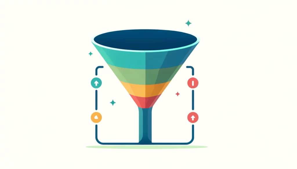 Illustration of a colorful dental lead generation funnel with plus and minus icons, indicating steps or stages of a process, against a pale green background.