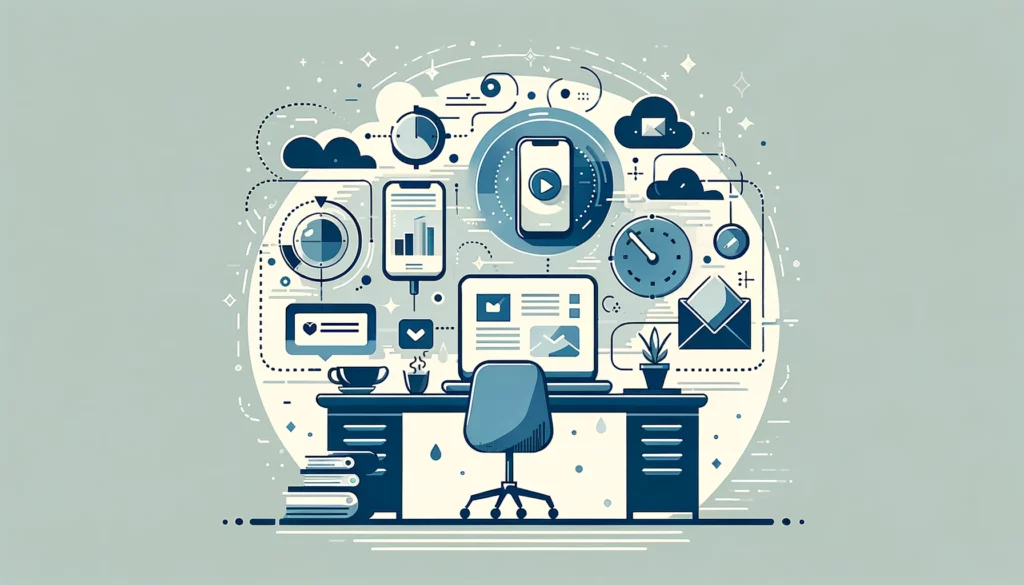 Illustration of a modern office workspace, featuring a desk with computer, chair, and various dental lead generation icons floating above, in a monochrome blue color scheme.