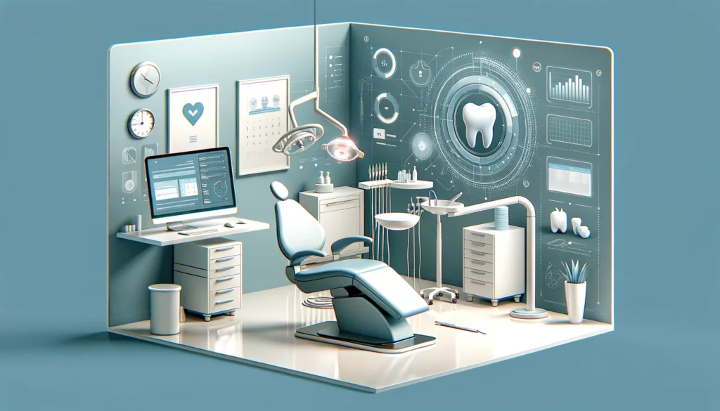 A modern, stylized dental office layout rendered in 3D, featuring a dental chair, computer screens optimized for Google My Business for dentists, and dental tools, with a blue and white color